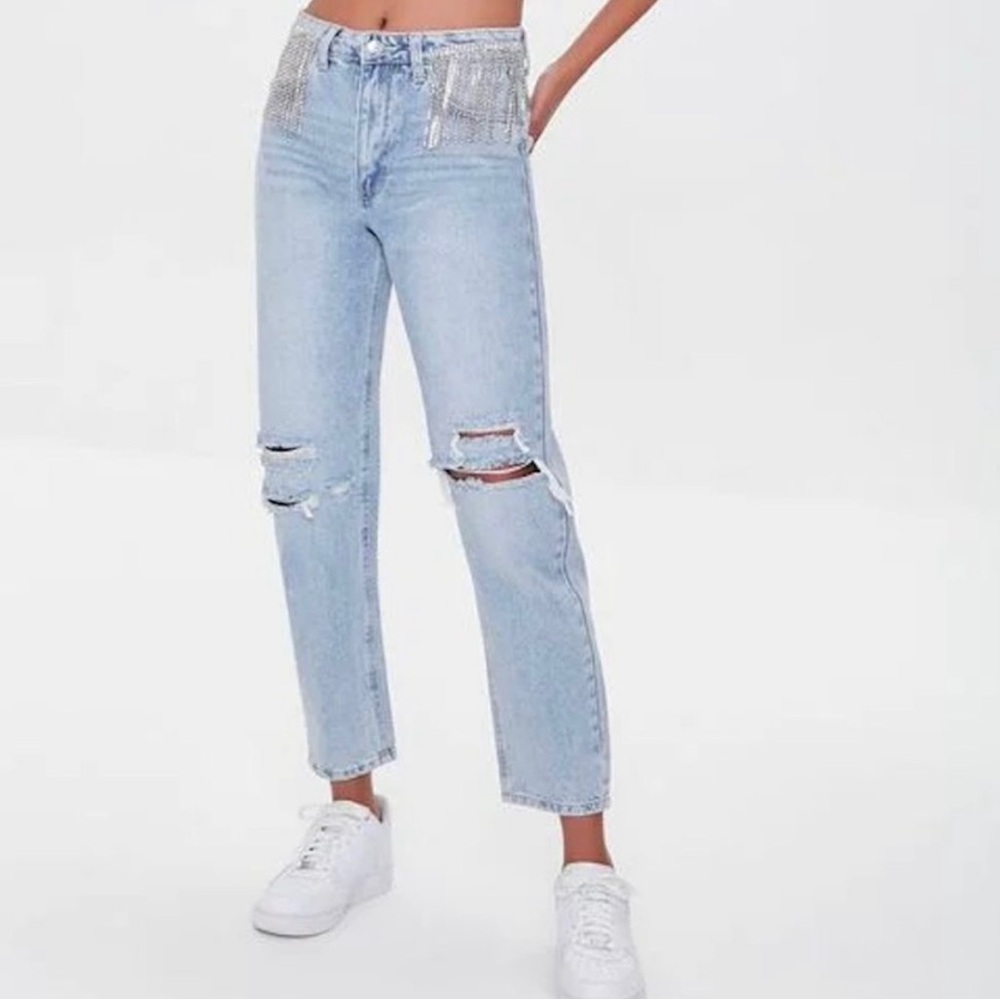 Forever 21 Cowgirl Rhinestone Fringe High Waisted Jeans-size 29